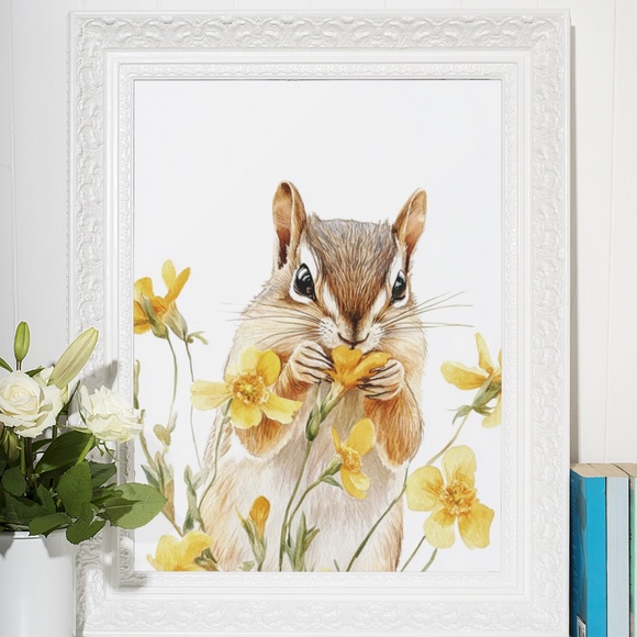 Watercolor Floral Chipmunk Portrait Wall Art Illustration Print Poster Unframed - Picture 8 of 9